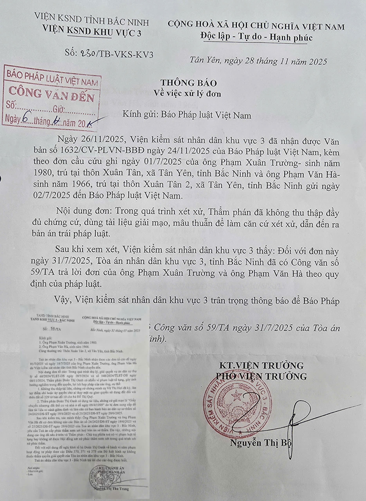 Văn bản 230/TB-VKS-KV3 của VKSND  Khu vực 3 tỉnh Bắc Ninh. (Ảnh: Vũ Tuấn)