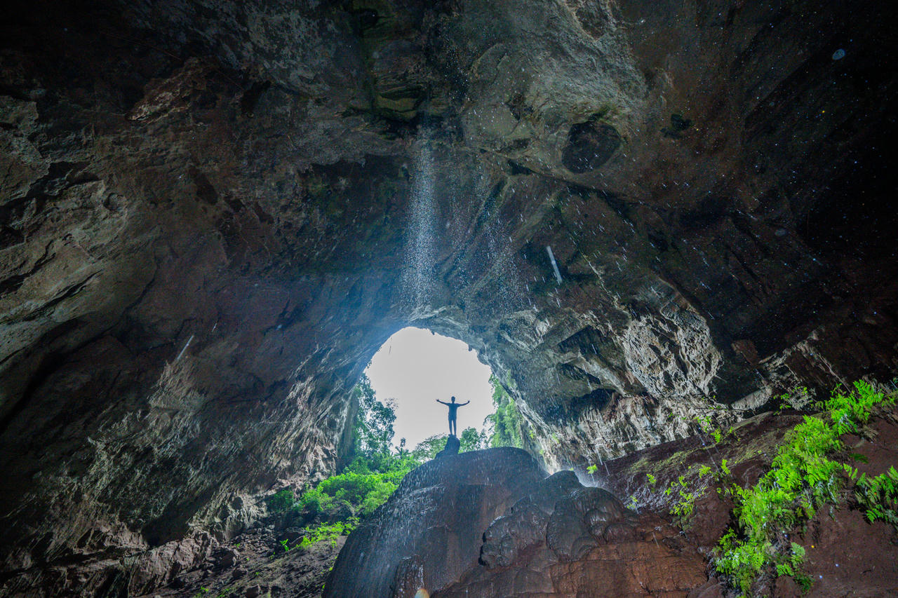 Những d&ograve;ng nước lớn đổ từ trần hang Pygmy tạo th&agrave;nh &ldquo;v&ograve;i sen&rdquo; khổng lồ. Ảnh: Jungle Boss