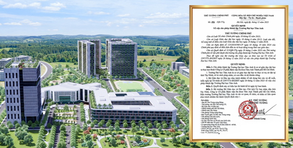 Quyết định th&agrave;nh lập Trường Đại học T&acirc;m Anh do Thủ tướng Ch&iacute;nh phủ ban h&agrave;nh ng&agrave;y 30/12/2025 v&agrave; phối cảnh của Trường. Ảnh: Trường Đại học T&acirc;m Anh