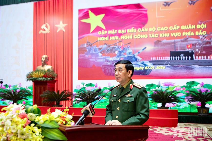 Đại tướng Phan Văn Giang ph&aacute;t biểu tại buổi gặp mặt. Ảnh: qdnd.vn