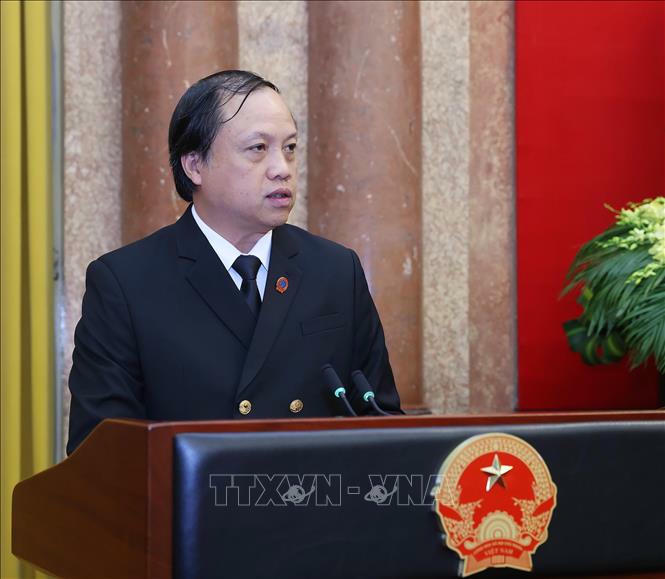 Ph&oacute; Ch&aacute;nh &aacute;n T&ograve;a &aacute;n nh&acirc;n d&acirc;n Tối cao L&ecirc; Tiến ph&aacute;t biểu nhận nhiệm vụ. Ảnh: L&acirc;m Kh&aacute;nh/TTXVN