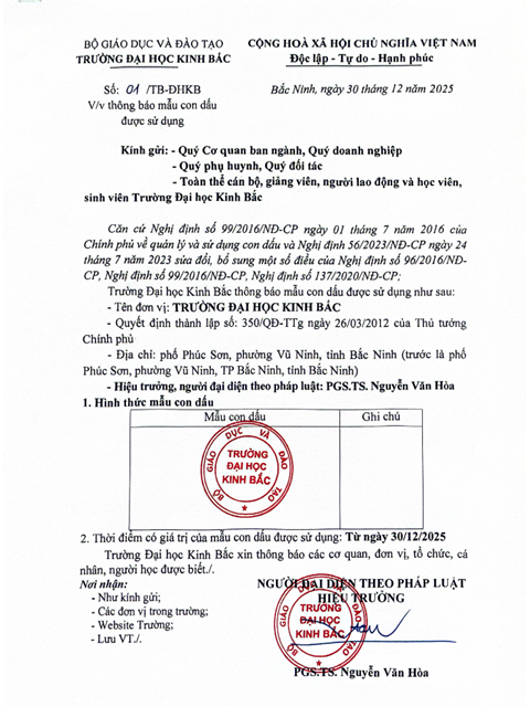 Th&ocirc;ng b&aacute;o mẫu con dấu được sử dụng của trường Đại học Kinh Bắc.