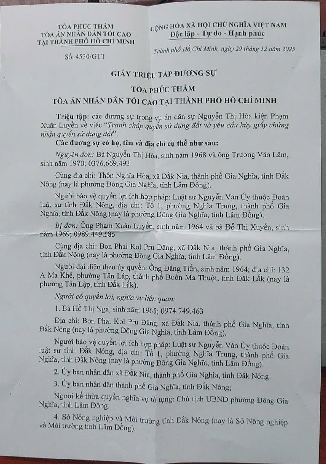 Vụ kiện yêu cầu hủy sổ đỏ tại Lâm Đồng (Đắk Nông cũ): TAND tối cao thông báo mở phiên phúc thẩm