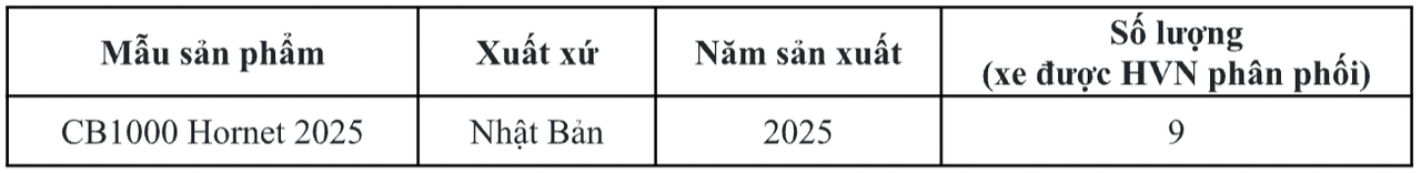 Honda Việt Nam triển khai chiến dịch triệu hồi để thay thế phụ tùng trên sản phẩm CB1000 Hornet 2025