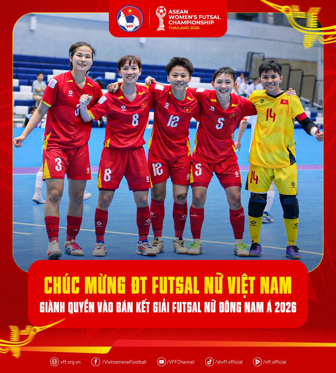 Futsal nữ Việt Nam v&agrave;o b&aacute;n kết giải v&ocirc; địch futsal nữ Đ&ocirc;ng Nam &Aacute; 2026