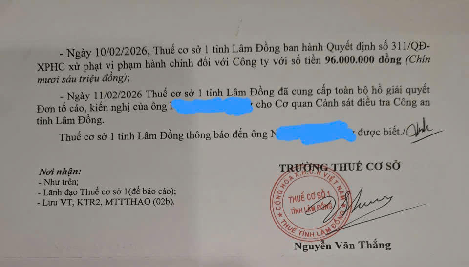 Lâm Đồng: Vi phạm về lập hoá đơn công ty TNHH Hải Thắng Thu Cúc bị xử phạt 96 triệu đồng
