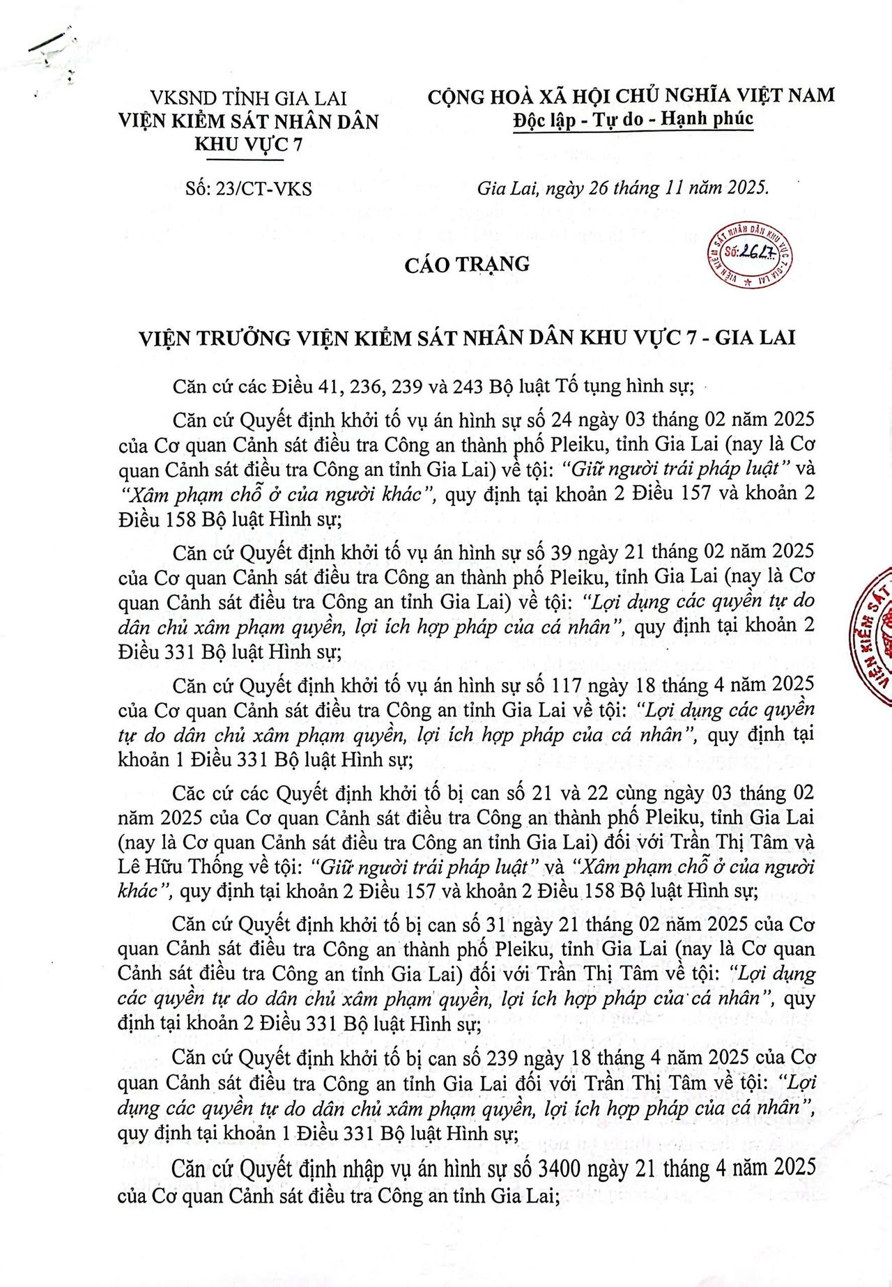 C&aacute;o trạng của VKSND Khu vực 7 Gia Lai.