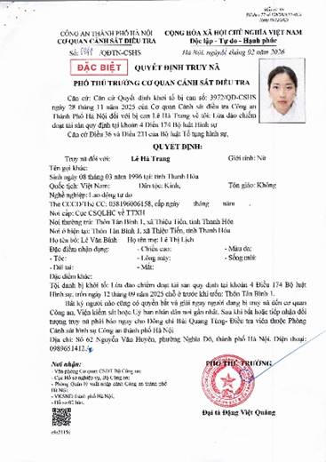 Quyết định truy n&atilde; đối tượng L&ecirc; H&agrave; Trang