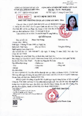 Quyết định truy n&atilde; đối tượng Phan Thị Trang