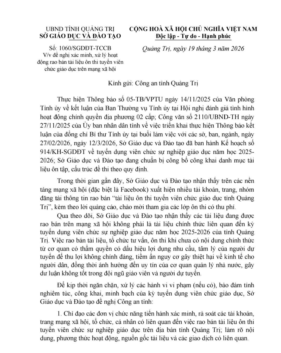 C&ocirc;ng văn của Sở Gi&aacute;o dục v&agrave; Đ&agrave;o tạo tỉnh Quảng Trị đề nghị C&ocirc;ng an tỉnh v&agrave;o cuộc x&aacute;c minh.
