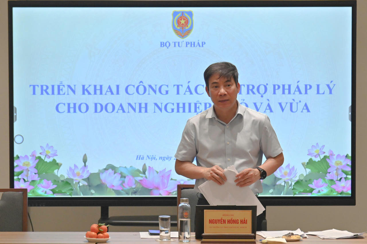 Cục trưởng Cục Ph&aacute;p luật d&acirc;n sự - kinh tế Nguyễn Hồng Hải ph&aacute;t biểu tại cuộc họp.