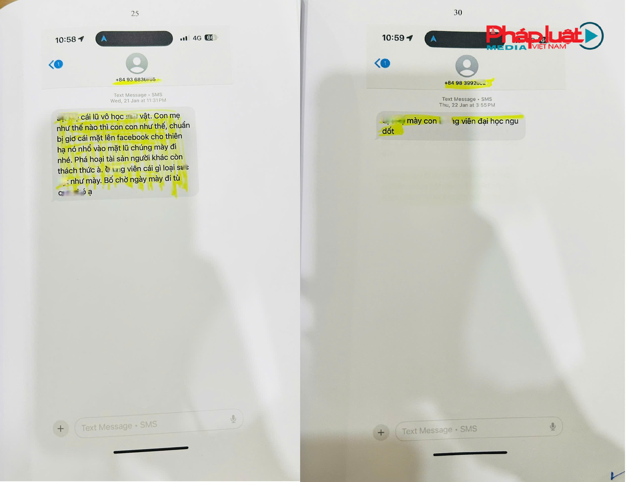 Nhiều tin nhắn với lời lẽ khiếm nh&atilde;, x&uacute;c phạm gửi đến điện thoại c&aacute; nh&acirc;n của người nh&agrave; bị can. (Ảnh chụp từ Vi bằng số 0163.2026)