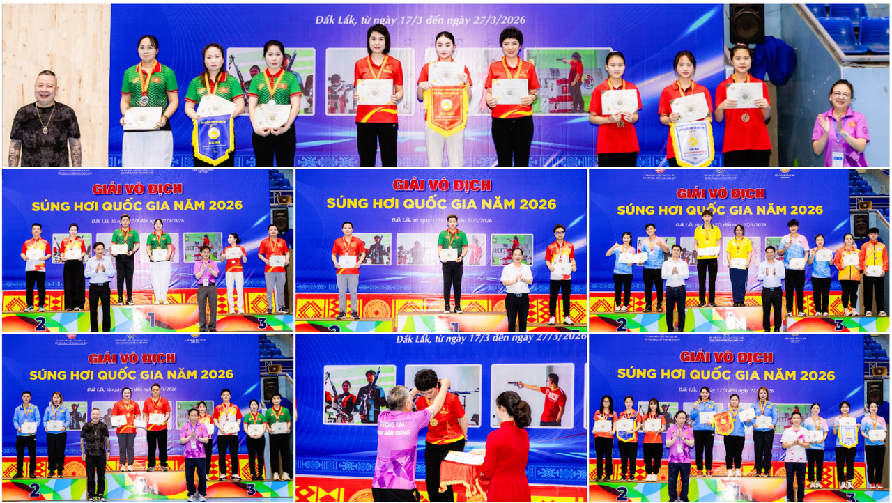 Ban Tổ chức vinh danh, trao huy chương cho c&aacute;c vận động vi&ecirc;n đoạt giải ở c&aacute;c nội dung s&uacute;ng trường hơi, s&uacute;ng ngắn hơi v&agrave; nội dung hỗn hợp. (Ảnh: Đại Đậu)