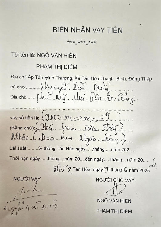 Bi&ecirc;n nhận vay tiền của nguy&ecirc;n đơn