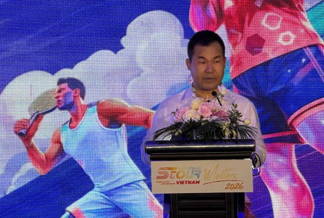 &Ocirc;ng Đ&agrave;m Phương Anh - Trưởng ban tổ chức Stour Pickleball Vietnam Master ph&aacute;t biểu tại buổi lễ c&ocirc;ng bố. (Ảnh: An Nguy&ecirc;n)
