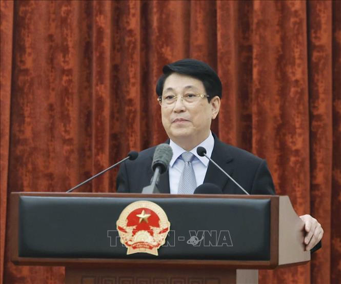 Đồng ch&iacute; Lương Cường, nguy&ecirc;n Uỷ vi&ecirc;n Bộ Ch&iacute;nh trị, nguy&ecirc;n Chủ tịch nước ph&aacute;t biểu. Ảnh: Thống Nhất/TTXVN