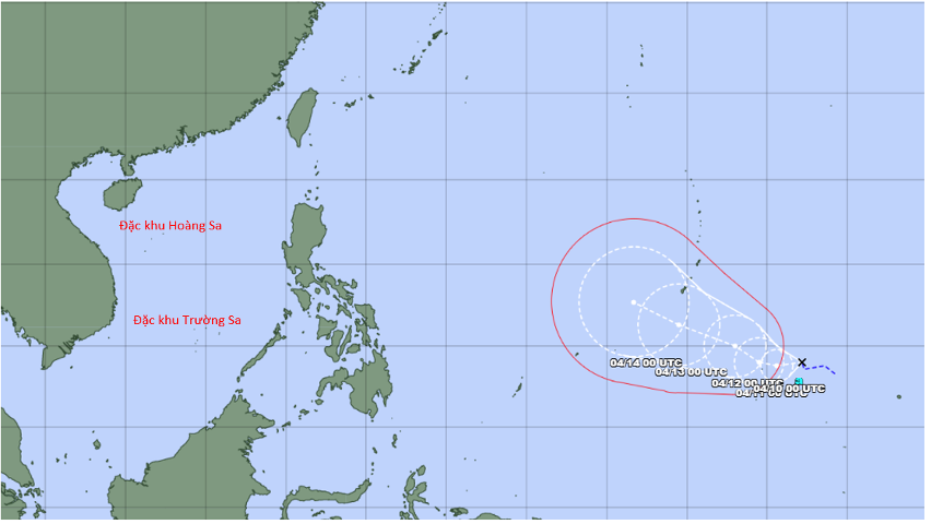 Dự b&aacute;o đường đi ATNĐ/b&atilde;o của cơ quan kh&iacute; tượng Nhật Bản. (Ảnh: Trung t&acirc;m Dự b&aacute;o Kh&iacute; tượng Thuỷ văn Quốc gia)