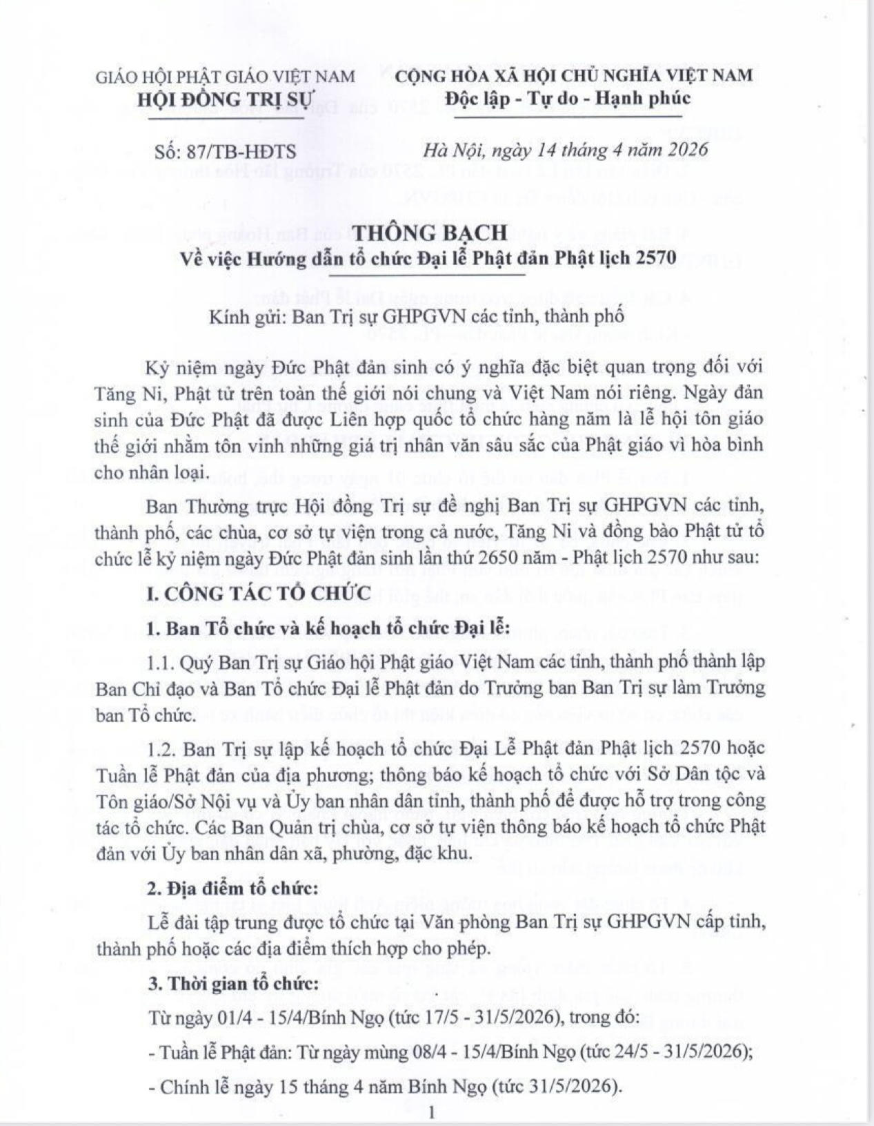 Trung ương Gi&aacute;o hội ban h&agrave;nh Th&ocirc;ng bạch Hướng dẫn tổ chức Đại lễ Phật đản Phật lịch 2570 (B&iacute;nh Ngọ, 2026)