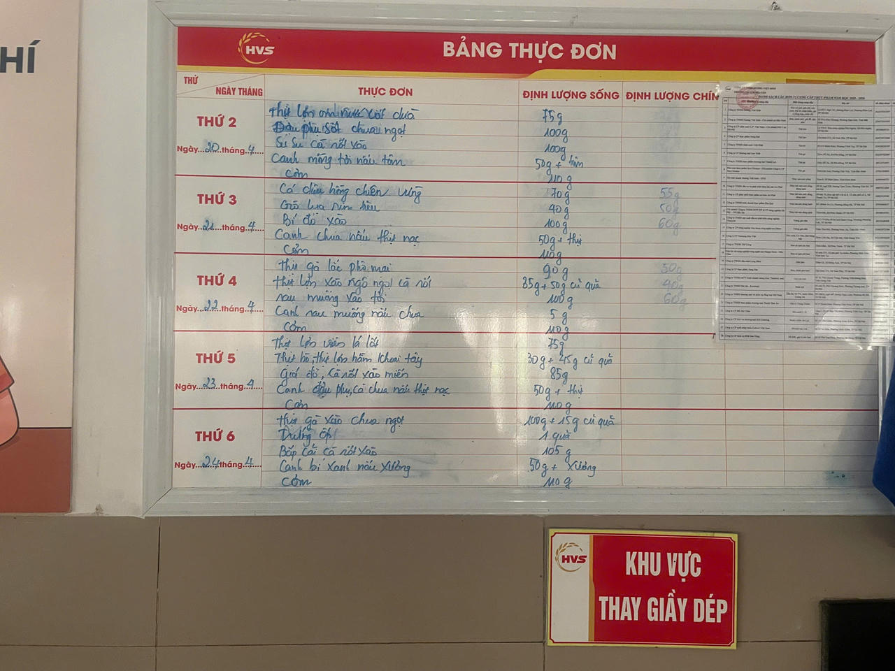 Bảng thực đơn tuần của bếp ăn nh&agrave; trường được c&ocirc;ng khai để phục vụ c&ocirc;ng t&aacute;c kiểm tra, gi&aacute;m s&aacute;t v&agrave; đối chiếu định lượng bữa ăn.