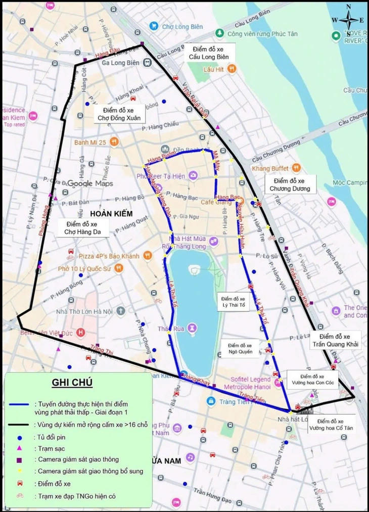 Bản đồ phương &aacute;n th&iacute; điểm triển khai v&ugrave;ng ph&aacute;t thải thấp từ 1/7/2026 tại v&ugrave;ng l&otilde;i phường Ho&agrave;n Kiếm.