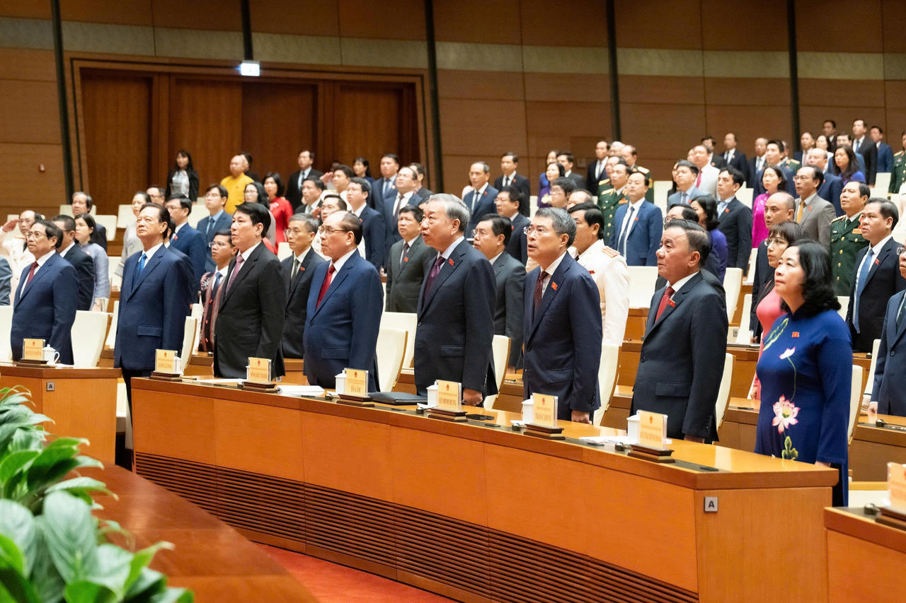 Tổng B&iacute; thư, Chủ tịch nước T&ocirc; L&acirc;m v&agrave; c&aacute;c đại biểu thực hiện nghi lễ ch&agrave;o cờ.