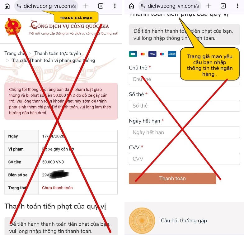 Trang web giả mạo Cổng Dịch vụ c&ocirc;ng Quốc gia. (Ảnh: CACC)