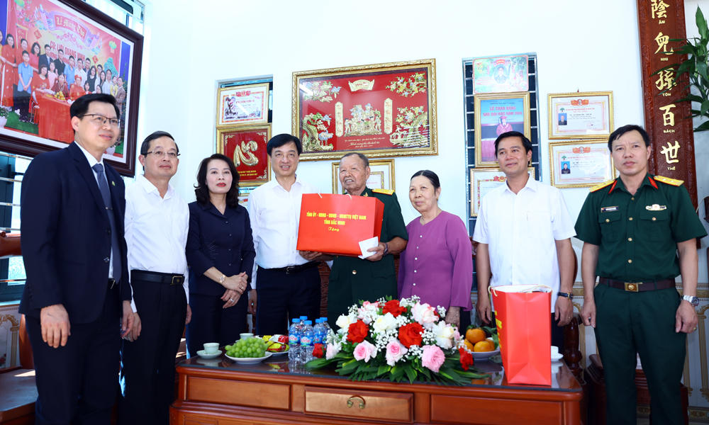 Trưởng Ban Tổ chức Trung ương Nguyễn Duy Ngọc v&agrave; c&aacute;c l&atilde;nh đạo tỉnh Bắc Ninh thăm, tặng qu&agrave; gia đ&igrave;nh thương binh Lưu Quang Vinh.