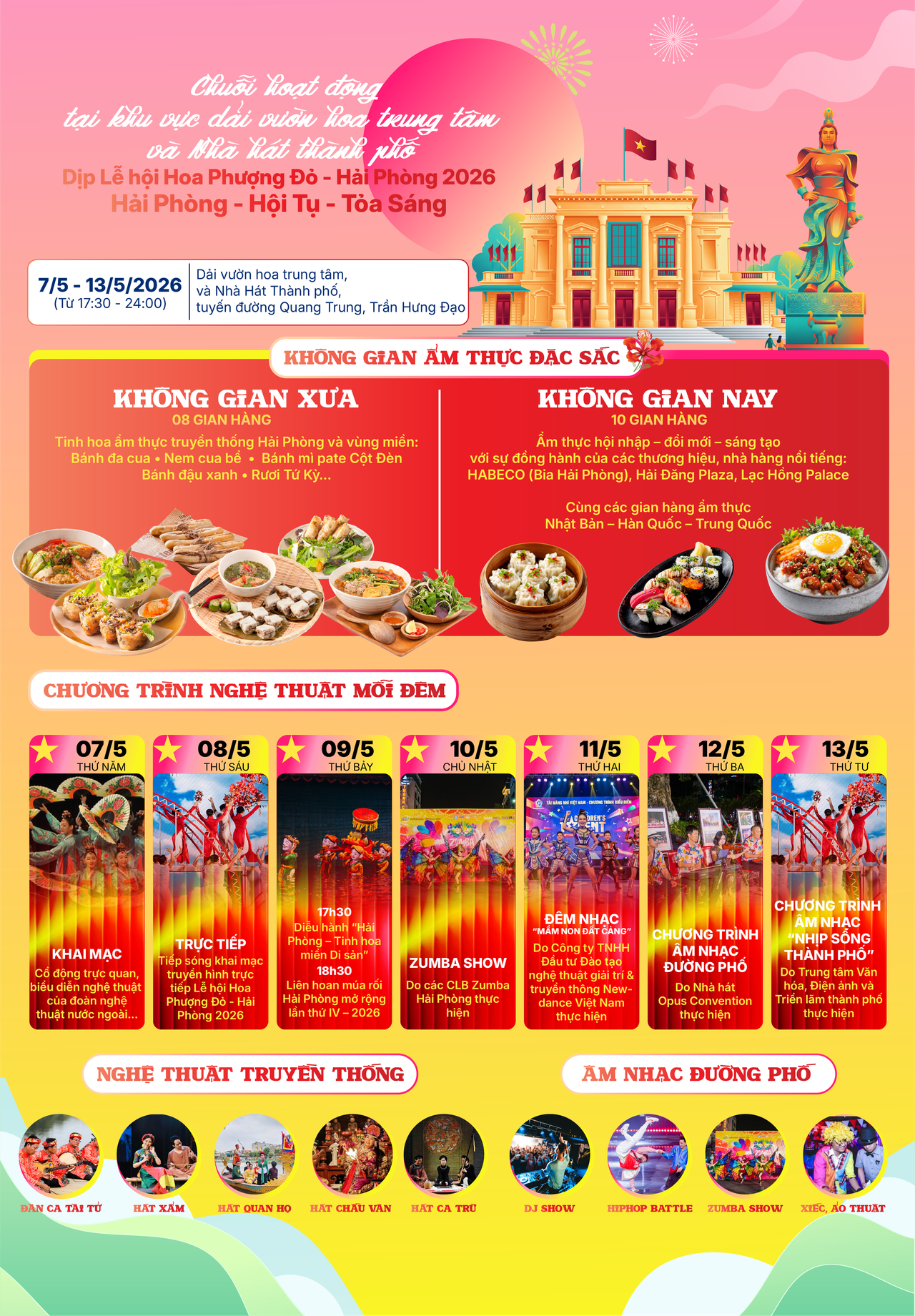 H&agrave;ng loạt hoạt động tại khu vực dải vườn hoa trung t&acirc;m v&agrave; Nh&agrave; h&aacute;t TP dịp Lễ hội Hoa Phượng Đỏ.