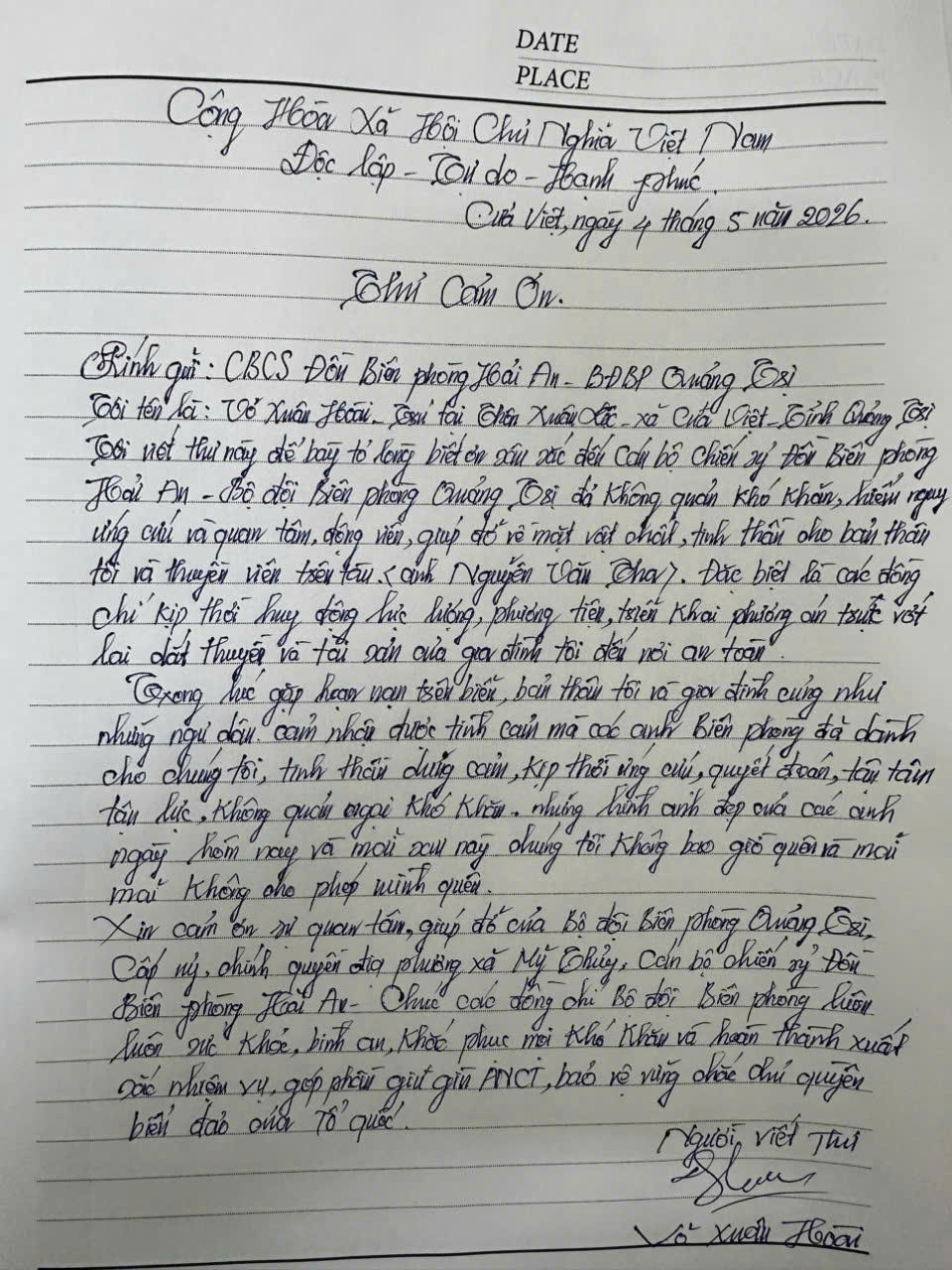 Thư cảm ơn của ngư d&acirc;n V&otilde; Xu&acirc;n Ho&agrave;i.
