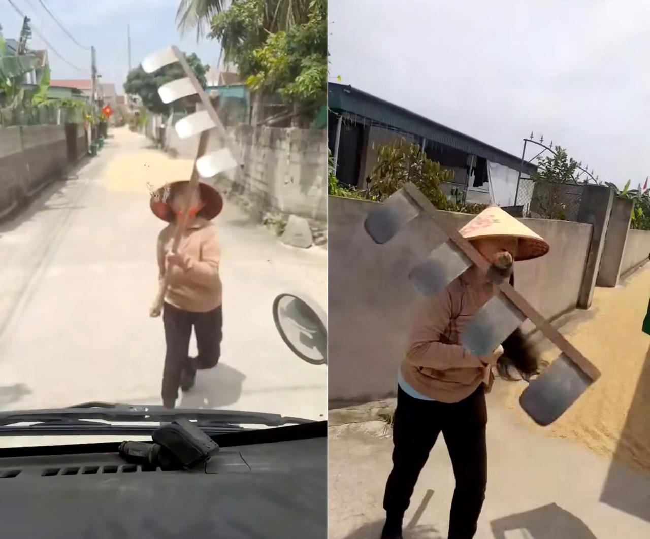 H&igrave;nh ảnh b&agrave; Qu&yacute; d&ugrave;ng c&agrave;o phơi l&uacute;a tấn c&ocirc;ng t&agrave;i xế được người l&aacute;i xe n&agrave;y quay lại, tung l&ecirc;n mạng x&atilde; hội (Ảnh cắt từ video clip).