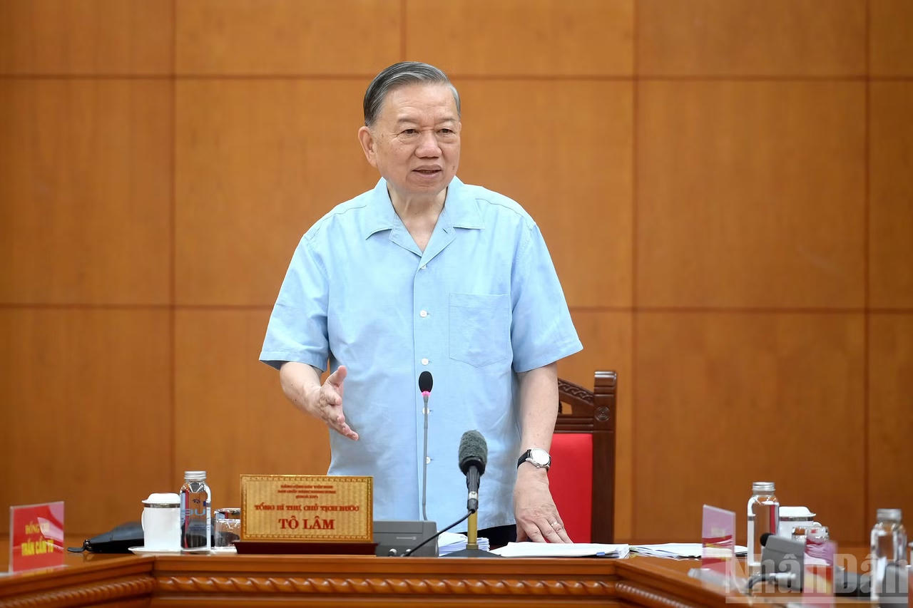Tổng B&iacute; thư, Chủ tịch nước T&ocirc; L&acirc;m ph&aacute;t biểu tại cuộc l&agrave;m việc. (Ảnh: nhandan.vn)
