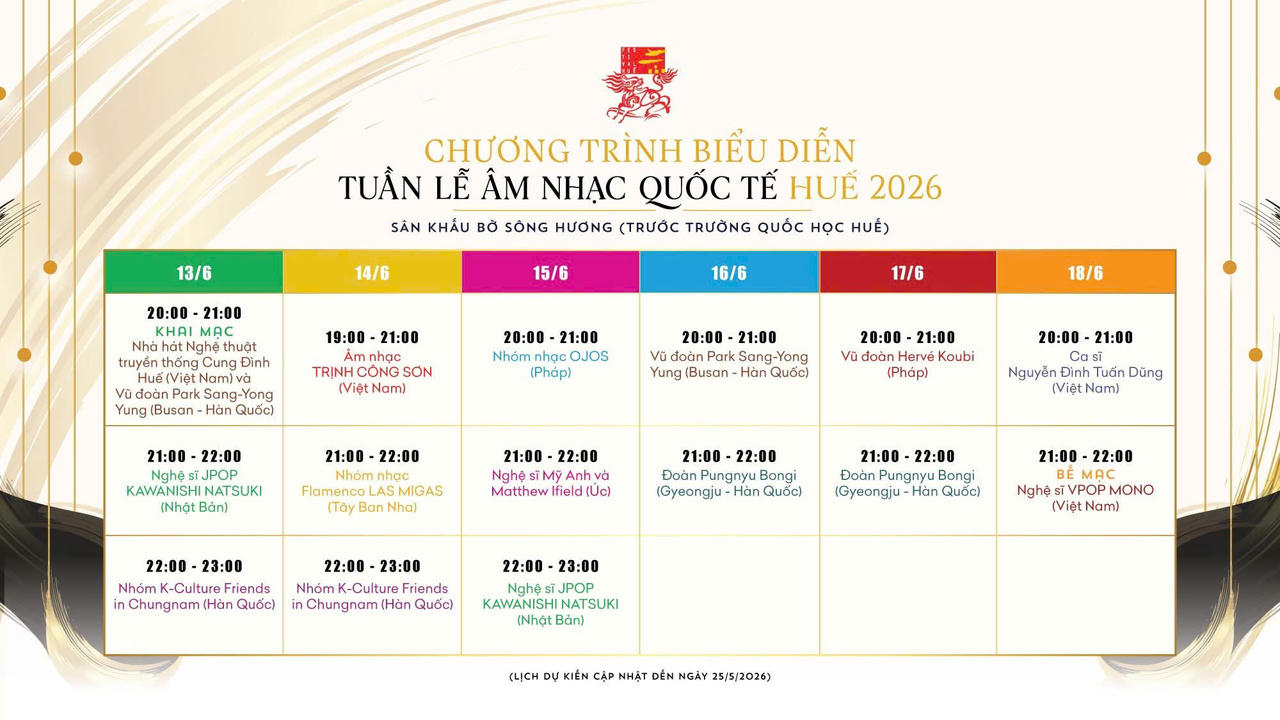 Chương tr&igrave;nh biểu diễn của c&aacute;c đo&agrave;n nghệ thuật tại Tuần&nbsp;lễ &Acirc;m nhạc quốc tế Huế 2026&nbsp;