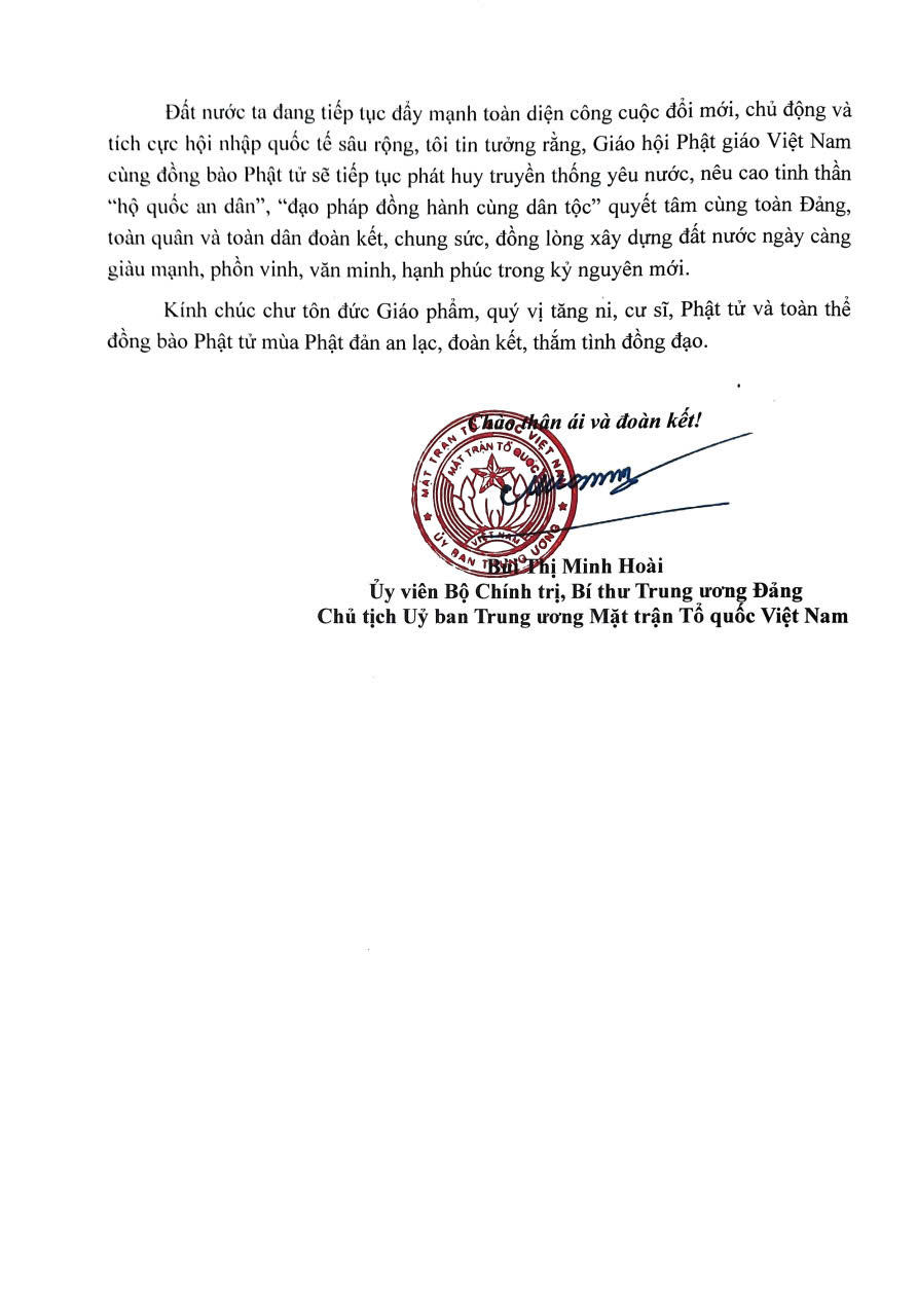 Thư Ch&uacute;c mừng của Chủ tịch Ủy ban Trung ương MTTQ Việt Nam nh&acirc;n dịp Đại lễ Phật đản năm 2026 &ndash; Phật lịch 2570.