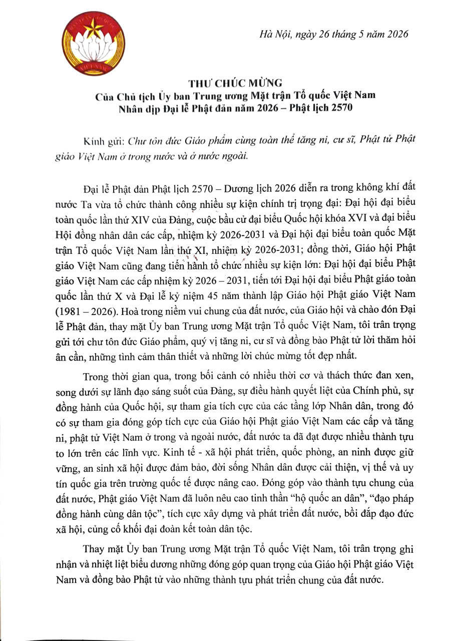 Thư ch&uacute;c mừng của Chủ tịch Ủy ban Trung ương MTTQ Việt Nam Nh&acirc;n dịp Đại lễ Phật đản