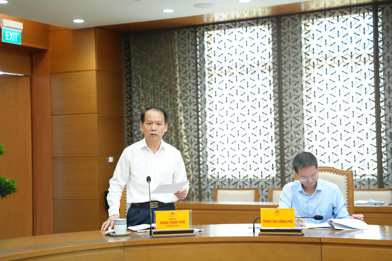 Bộ trưởng Bộ Tư ph&aacute;p Ho&agrave;ng Thanh T&ugrave;ng b&aacute;o c&aacute;o tại cuộc họp.
