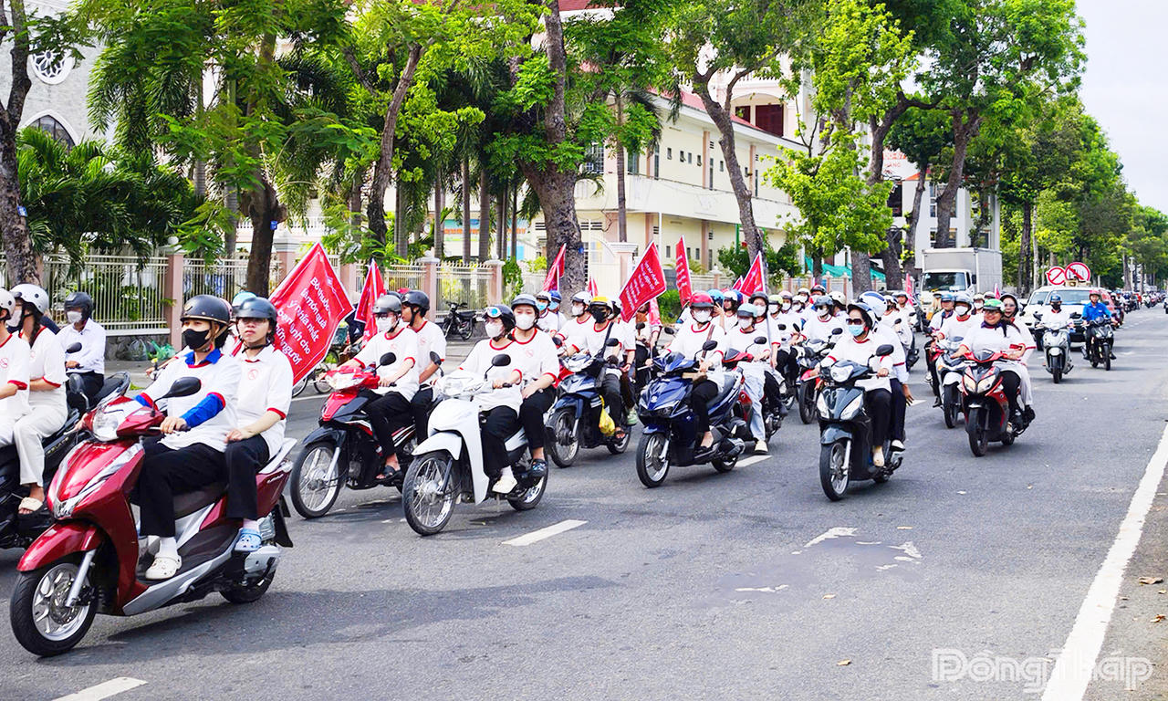Đo&agrave;n vi&ecirc;n, thanh ni&ecirc;n, sinh vi&ecirc;n v&agrave; lực lượng y tế tham gia diễu h&agrave;nh tuy&ecirc;n truyền ph&ograve;ng, chống t&aacute;c hại của thuốc l&aacute; tr&ecirc;n c&aacute;c tuyến đường ch&iacute;nh của tỉnh Đồng Th&aacute;p.