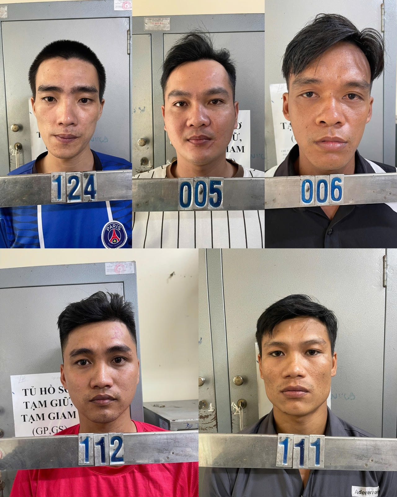 C&aacute;c bị can lần lượt: Trần Chi&ecirc;u H&ugrave;ng (124), Dương Văn Thắng (005), Nguyễn Văn Tuấn (006), Nguyễn Ch&iacute; Bảo (112) v&agrave; Nguyễn Văn Ch&iacute; Hữu (111)