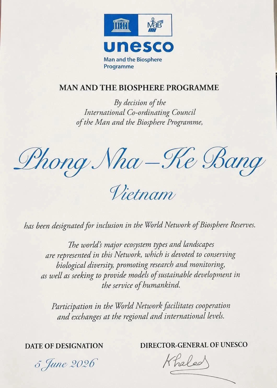 UNESCO ch&iacute;nh thức c&ocirc;ng nhận Phong Nha - Kẻ B&agrave;ng l&agrave; Khu Dự trữ sinh quyển thế giới ng&agrave;y 5/6/2026.