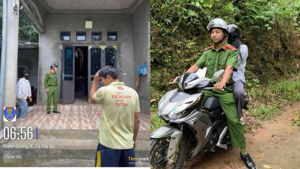 Nữ th&iacute; sinh ngủ qu&ecirc;n được C&ocirc;ng an x&atilde; đến nh&agrave; đưa đến điểm thi đ&uacute;ng giờ. Ảnh: CACC.&nbsp;
