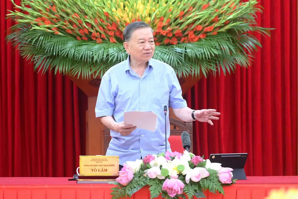 Tổng B&iacute; thư, Chủ tịch nước T&ocirc; L&acirc;m ph&aacute;t biểu tại cuộc l&agrave;m việc. Ảnh: nhandan.vn
