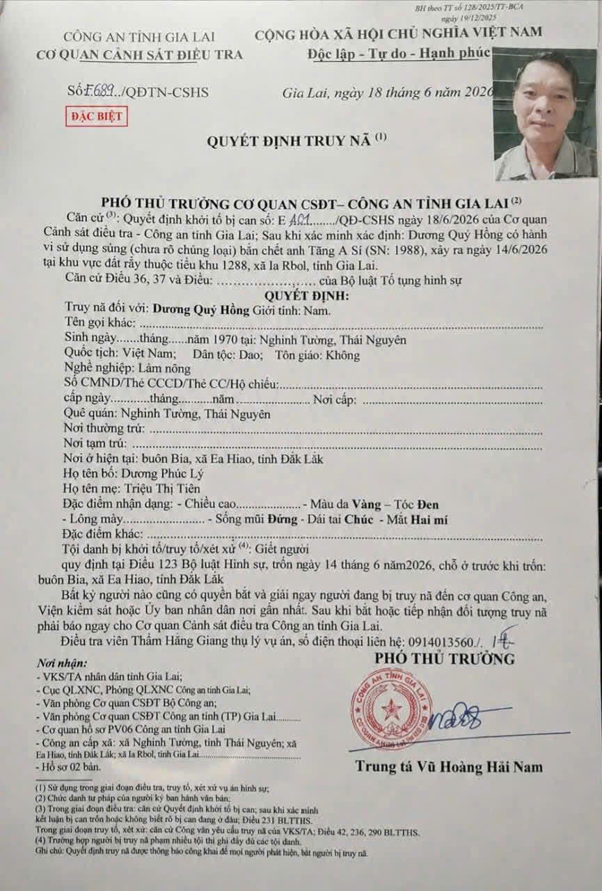 Quyết định truy n&atilde; đặc biệt đối với đối tượng Dương Qu&yacute; Hồng (Ảnh: C&ocirc;ng an tỉnh Gia Lai).