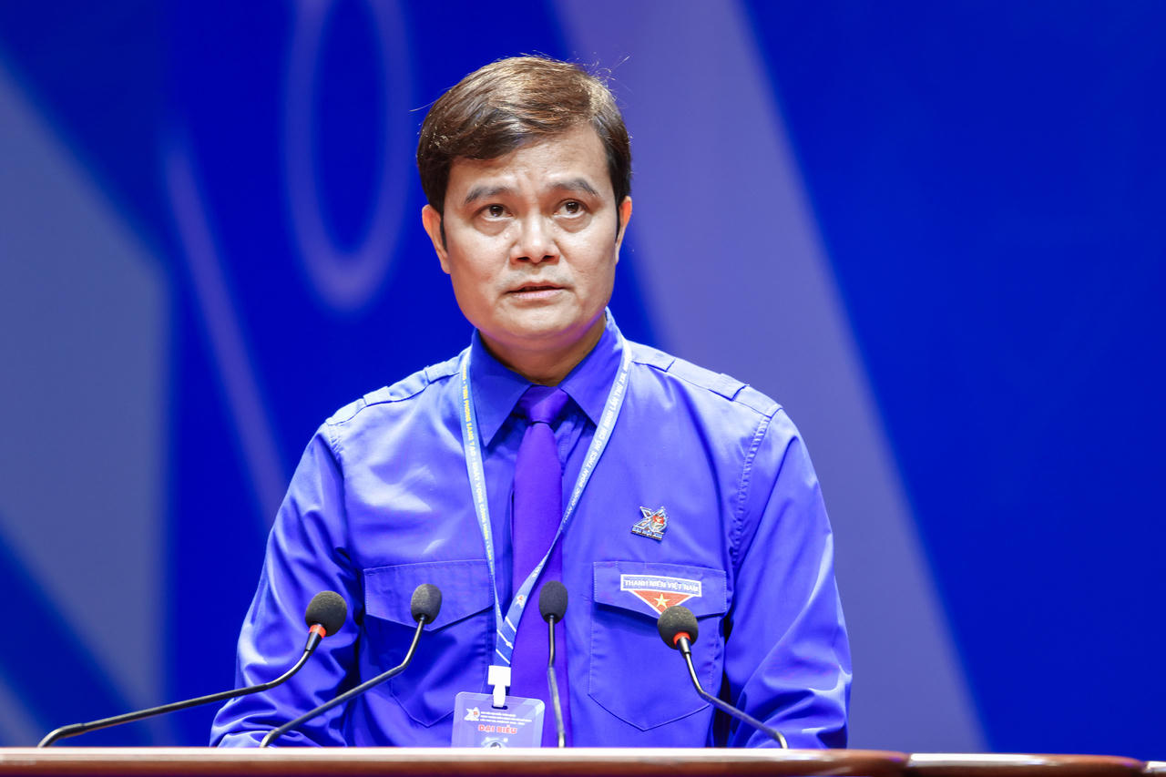 &Ocirc;ng B&ugrave;i Quang Huy, B&iacute; thư thứ nhất Trung ương Đo&agrave;n TNCS Hồ Ch&iacute; Minh ph&aacute;t biểu khai mạc Đại hội.