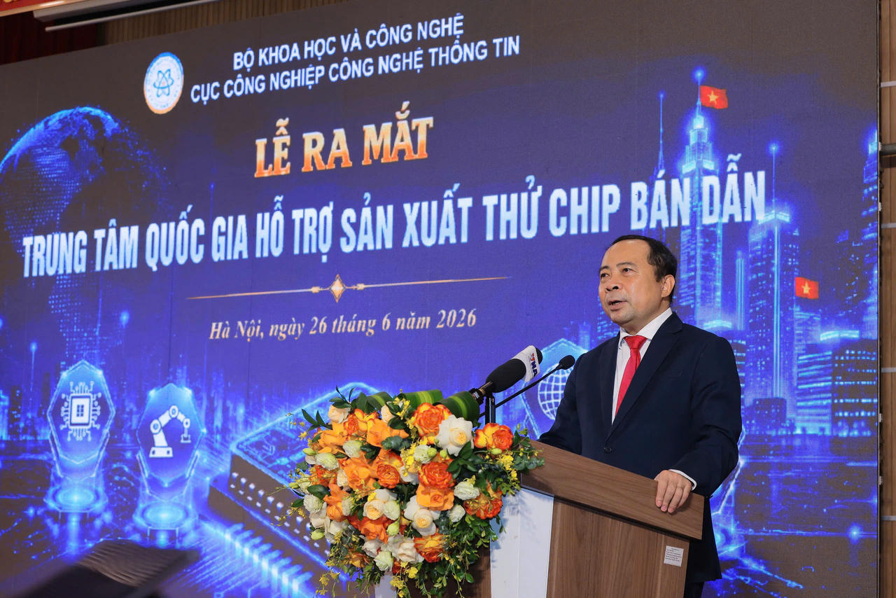 Bộ trưởng Bộ Khoa học v&agrave; C&ocirc;ng nghệ Vũ Hải Qu&acirc;n ph&aacute;t biểu tại sự kiện.
