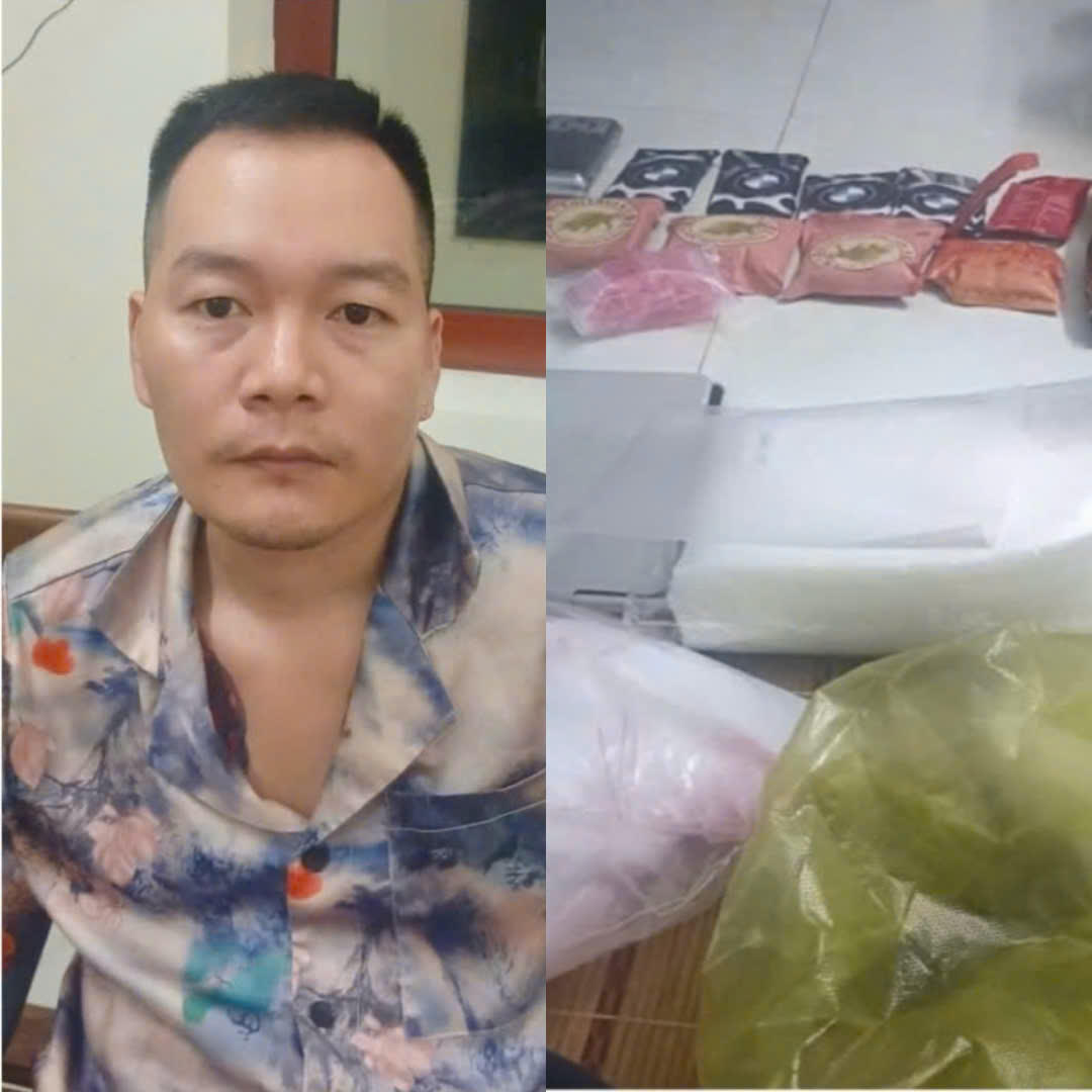 Ho&agrave;ng Trung Hiếu c&ugrave;ng tang vật thu giữ trong qu&aacute; tr&igrave;nh kh&aacute;m x&eacute;t nơi ở.