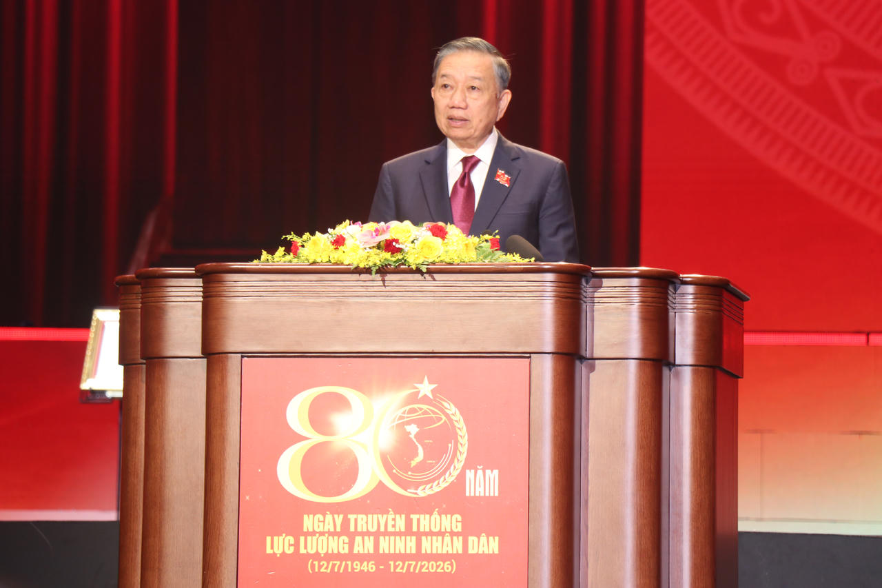 Tổng B&iacute; thư, Chủ tịch nước T&ocirc; L&acirc;m ph&aacute;t biểu tại buổi Lễ&nbsp;kỷ niệm 80 năm Ng&agrave;y truyền thống lực lượng An ninh Nh&acirc;n d&acirc;n. (Ảnh: L&agrave;nh Vũ)