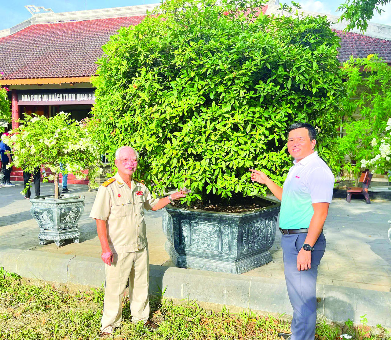 Nh&agrave; thơ, nh&agrave; b&aacute;o, cựu chiến binh L&ecirc; B&aacute; Dương (b&ecirc;n tr&aacute;i) v&agrave; nh&agrave; b&aacute;o L&ecirc; Văn Ho&agrave;ng T&aacute;m Bảy b&ecirc;n c&acirc;y mẫu đơn trong s&acirc;n Th&agrave;nh cổ Ảnh: Minh Phương