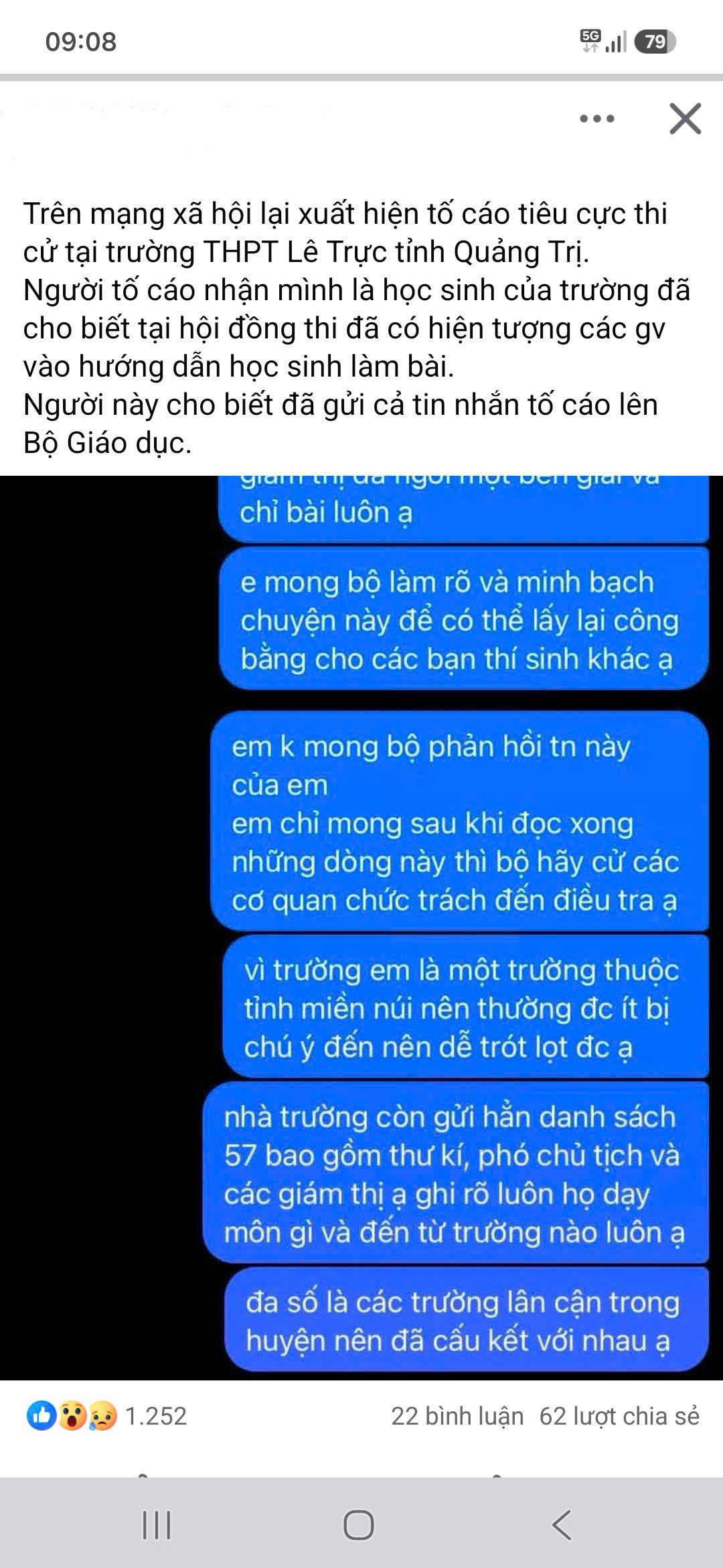 H&igrave;nh ảnh chụp nội dung phản &aacute;nh nghi vấn ti&ecirc;u cực tại điểm thi Trường THPT L&ecirc; Trực được chia sẻ tr&ecirc;n mạng x&atilde; hội.