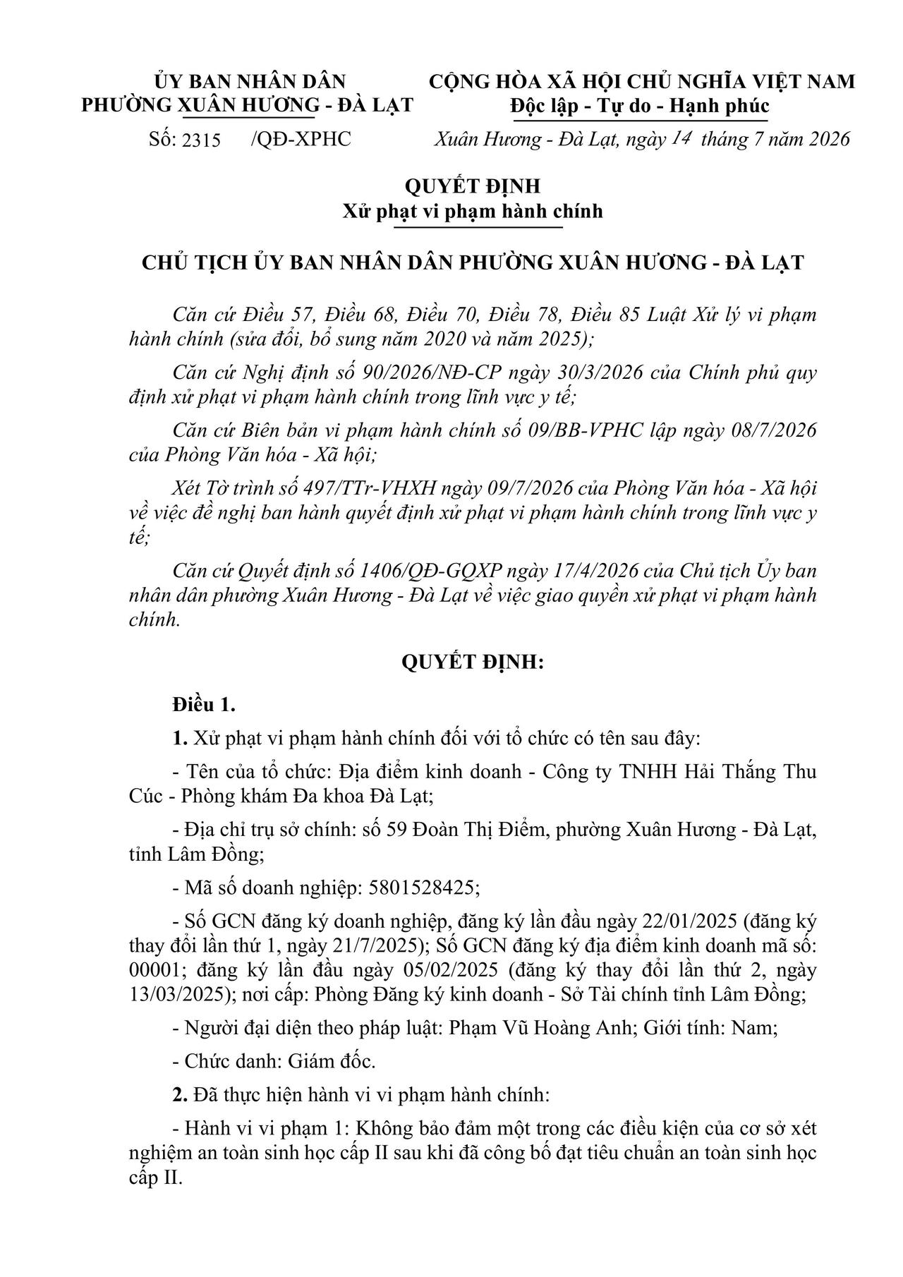Vi phạm về khám, chữa bệnh công ty Hải Thắng Thu Cúc - Phòng khám Đa khoa Đà Lạt bị xử phạt hơn 300 triệu đồng