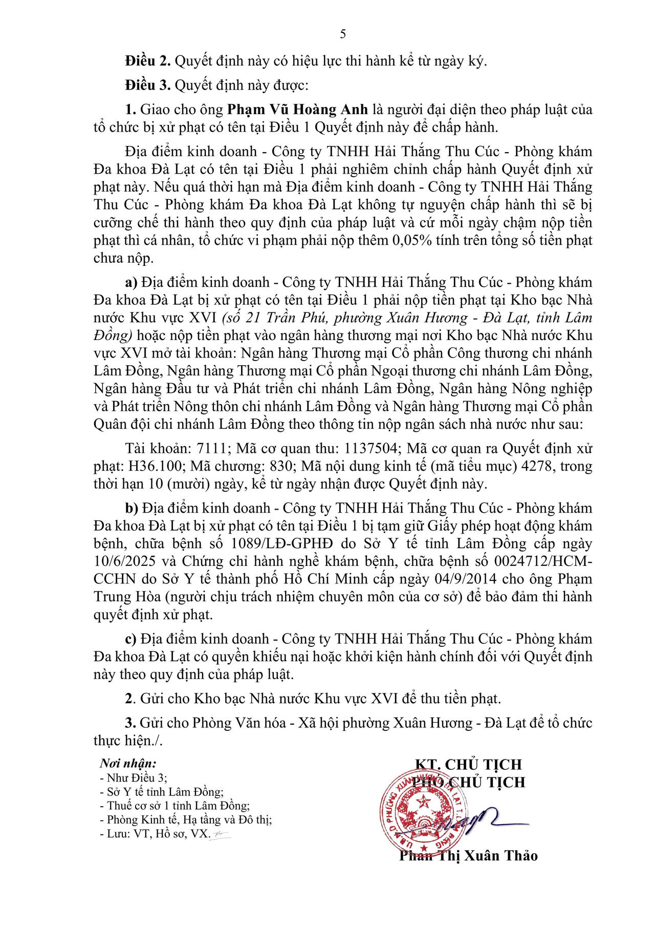 Vi phạm về khám, chữa bệnh công ty Hải Thắng Thu Cúc - Phòng khám Đa khoa Đà Lạt bị xử phạt hơn 300 triệu đồng