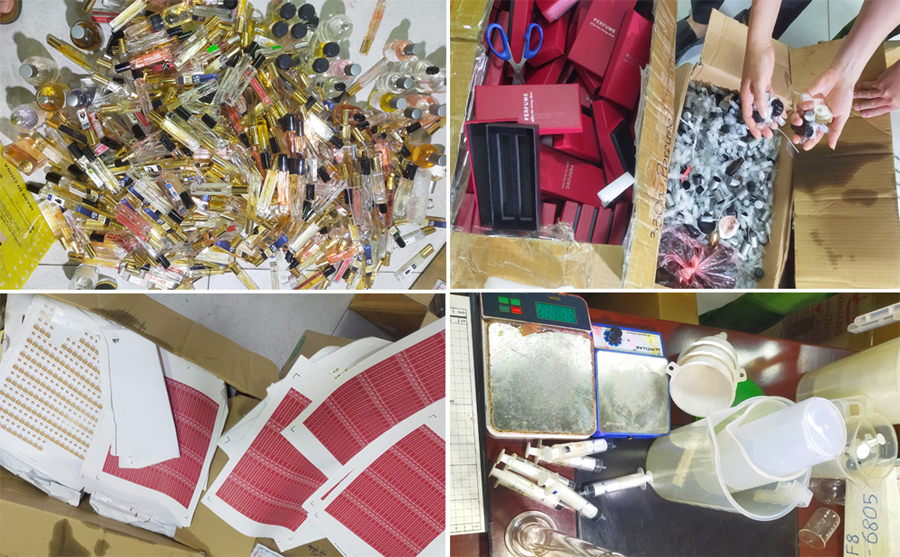 C&aacute;c loại vật tư, phương tiện c&aacute;c đối tượng sử dụng để sản xuất, sang chiết nước hoa giả. (Ảnh: Bộ C&ocirc;ng an)